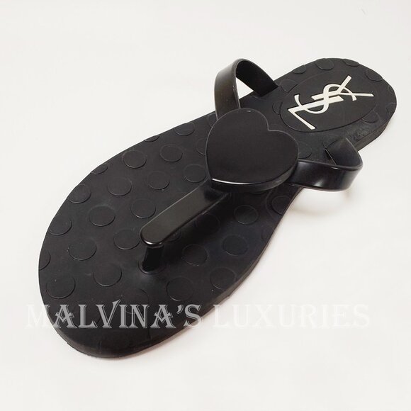 YVES SAINT LAURENT SHOES BLACK RUBBER FLIP FLOPS THONG w HEART sz 38 / US 8 - Picture 5 of 11